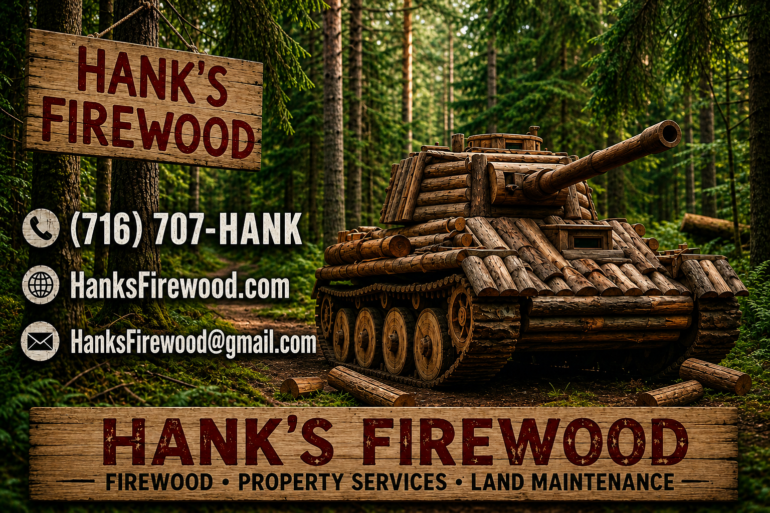Hank's Firewood. Firewood, property services, and land maintenance. Call 716-707-HANK, visit HanksFirewood.com, or email HanksFirewood@gmail.com.